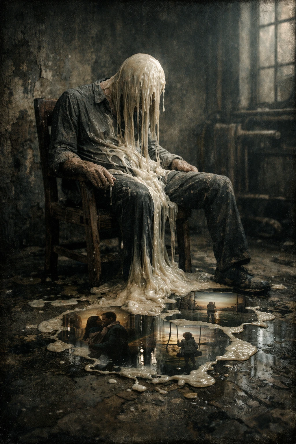 Human figure melting into memories in an industrial room