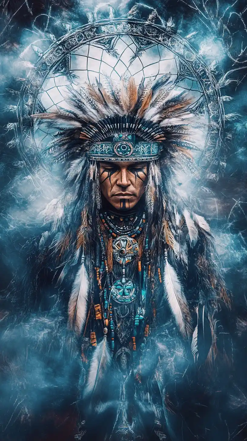 Reine native mystique à couronne de plumes dans la brume spirituelle
