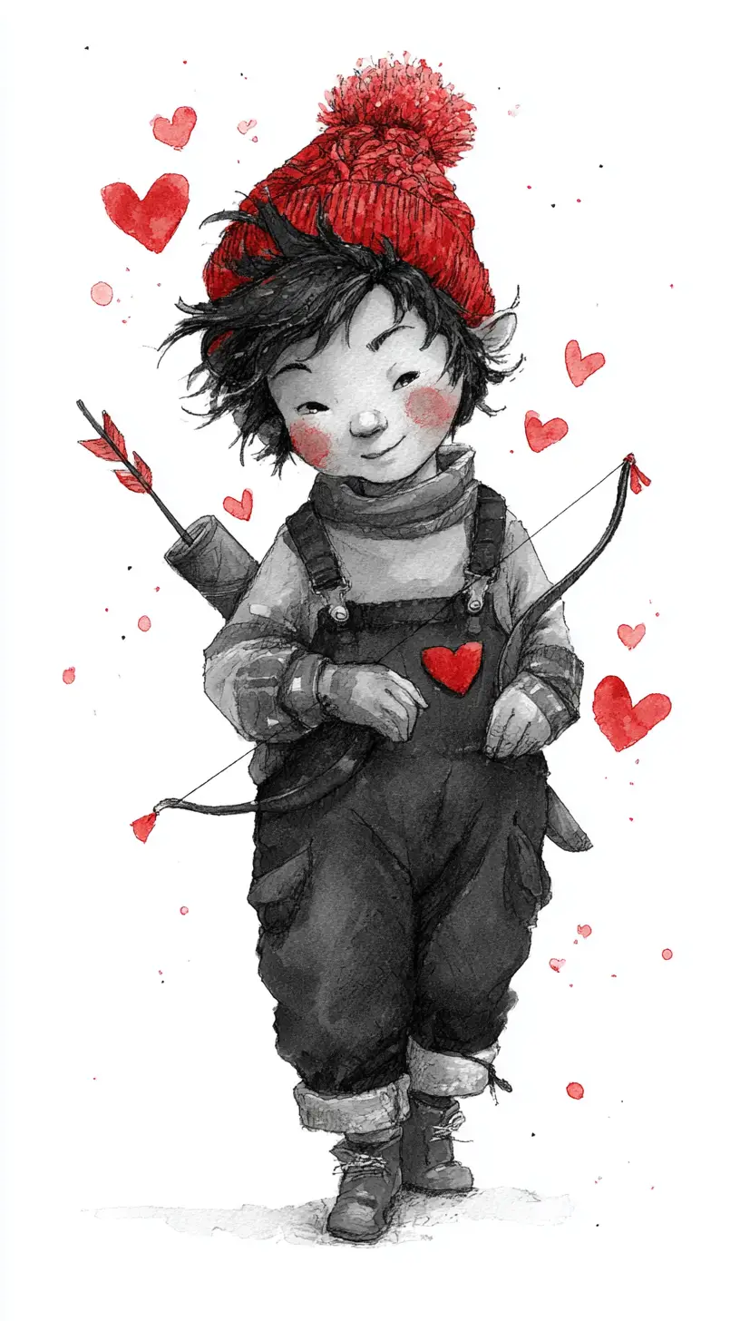 Cute cupid boy illustration with bow arrow and hearts