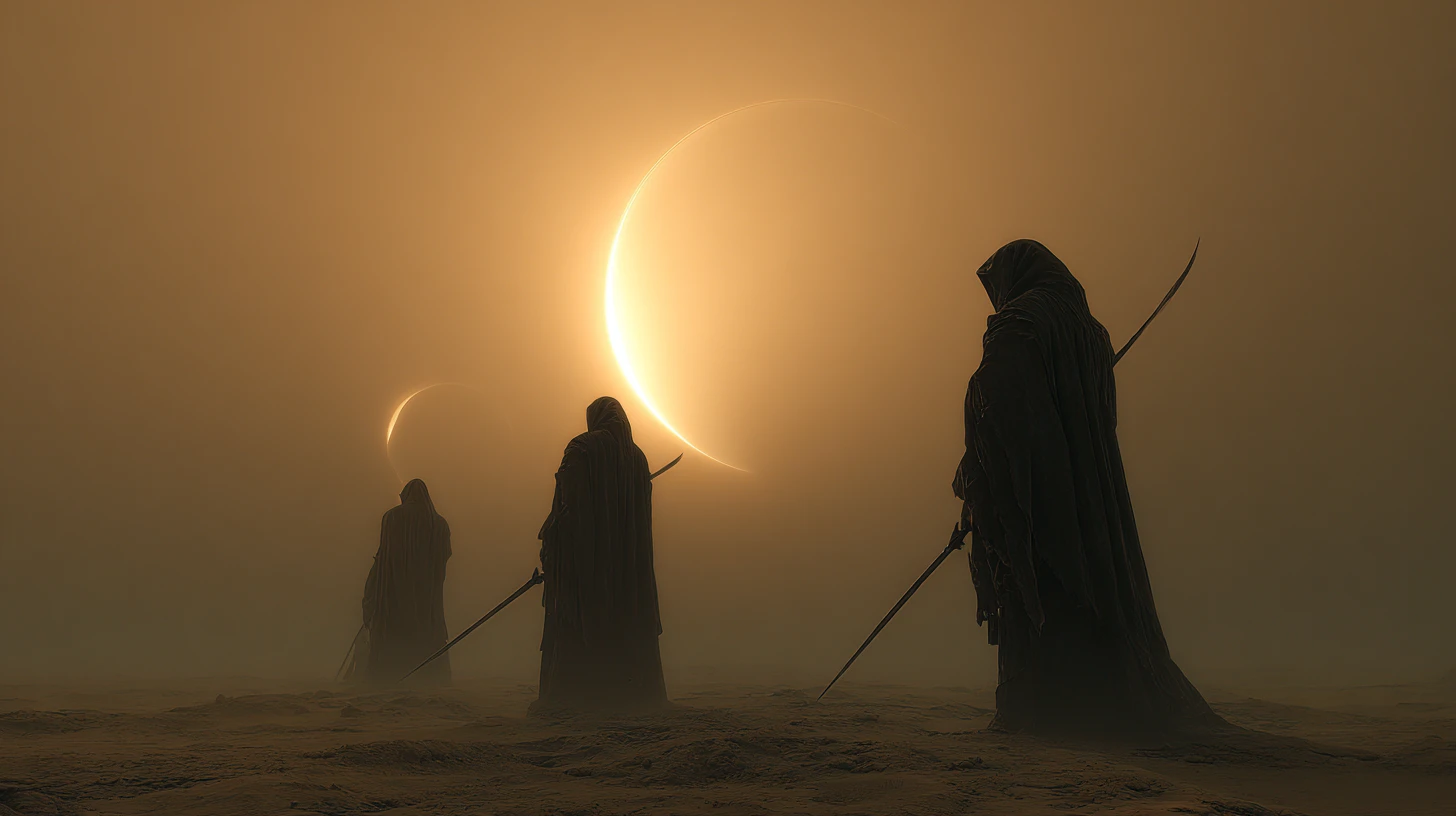 Tall alien priestess with guards under twin suns