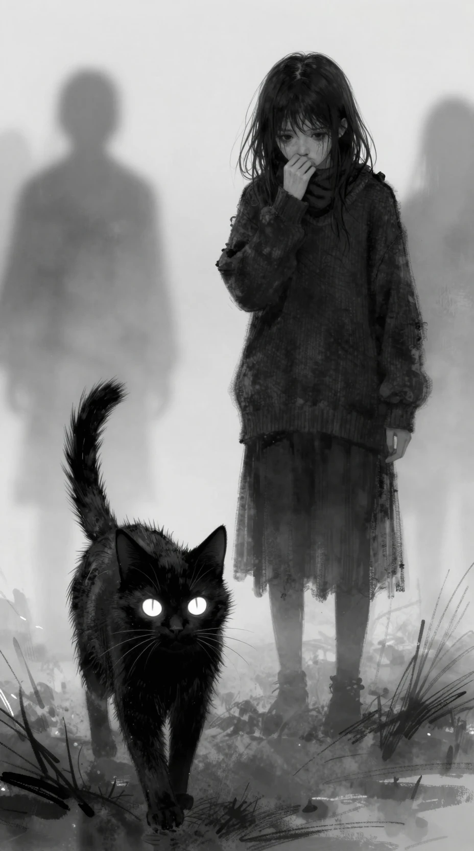 Unheimliches Mädchen und Katze mit leuchtenden Augen im monochromen Nebel