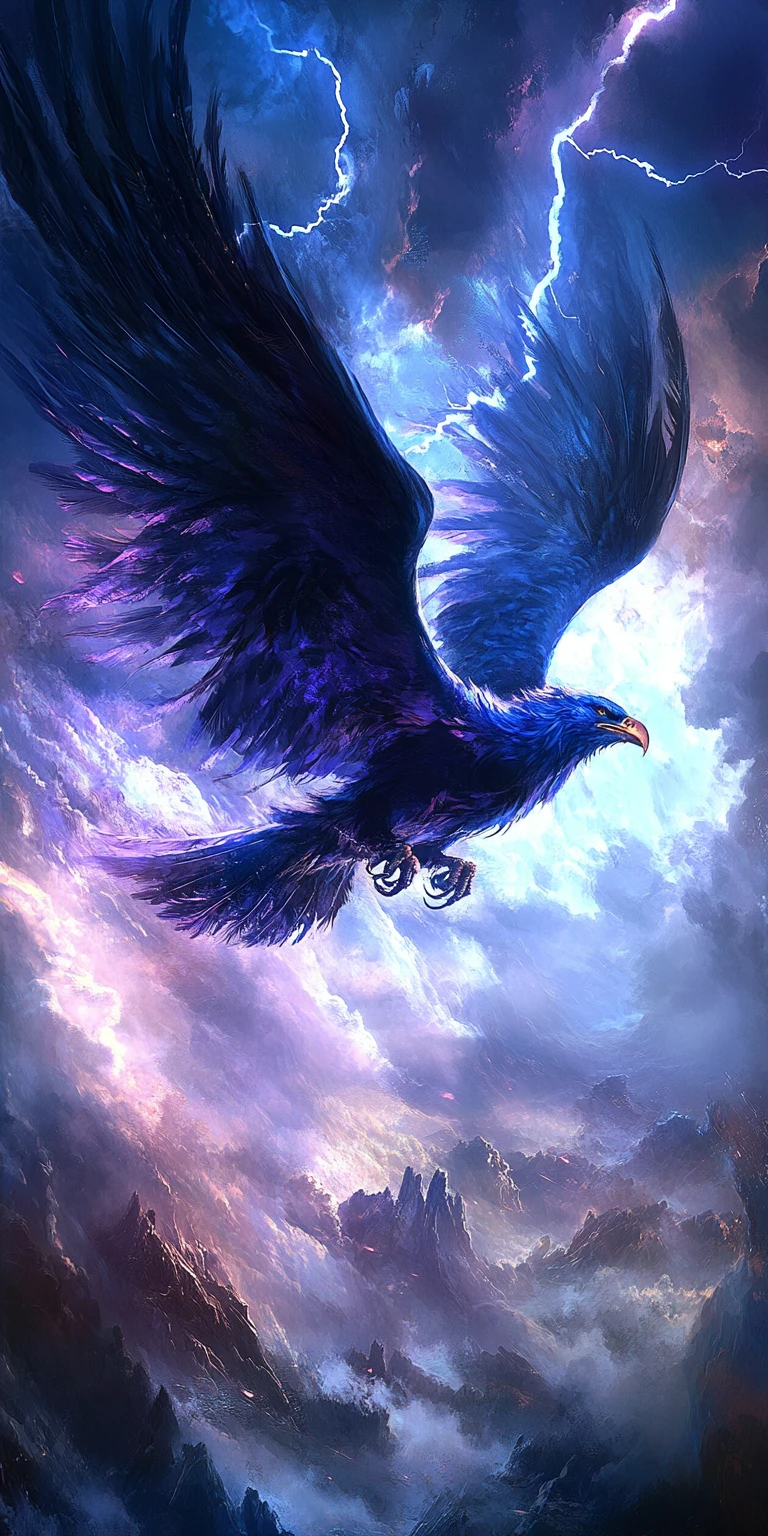 Thunderbird soaring above mountains in a stormy sky