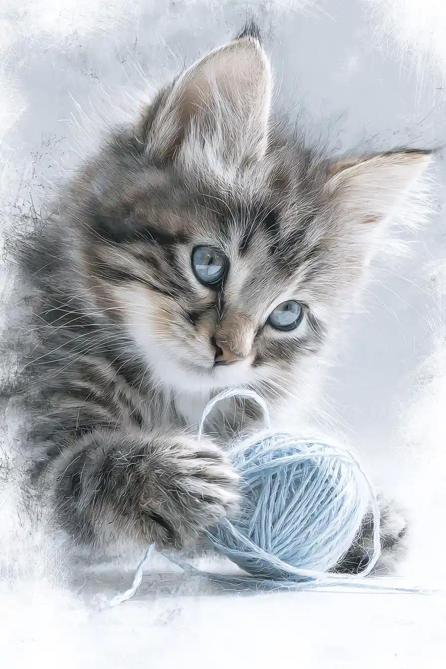 Fluffy grey kitten playing with a blue yarn ball