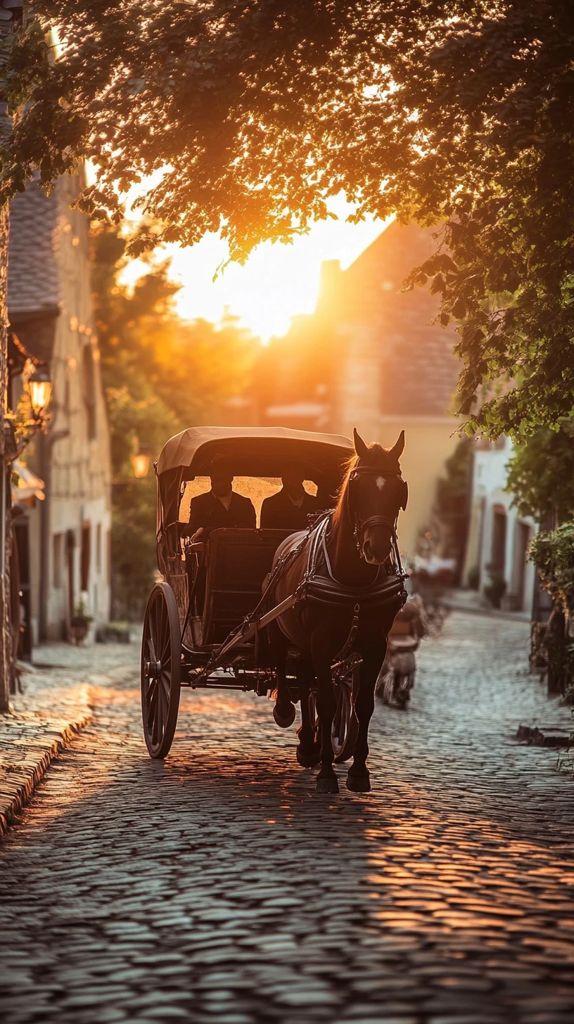 Carrozza d’epoca su strada acciottolata al tramonto caldo