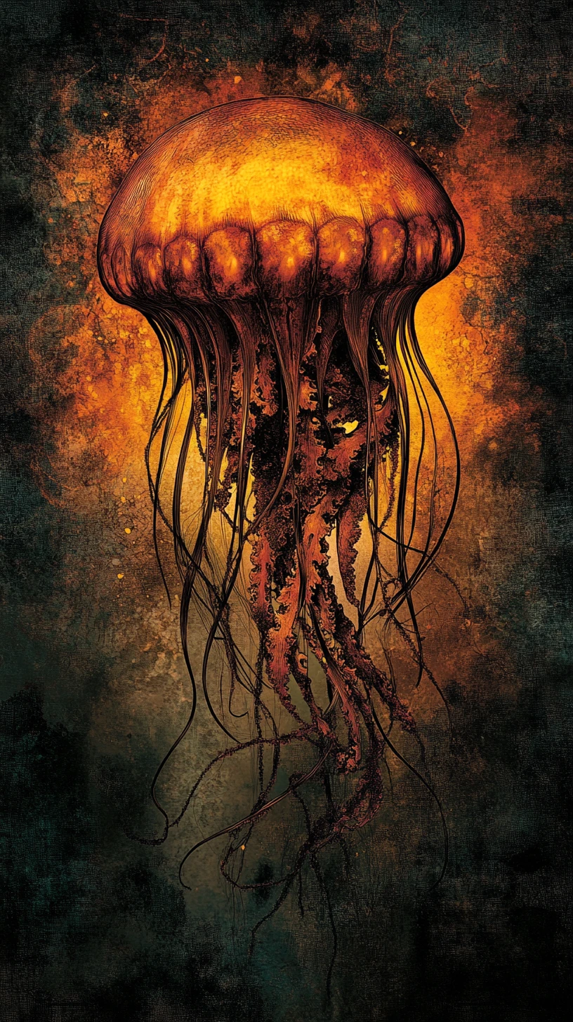 Surreal glowing jellyfish rising from a dark twisted abyss