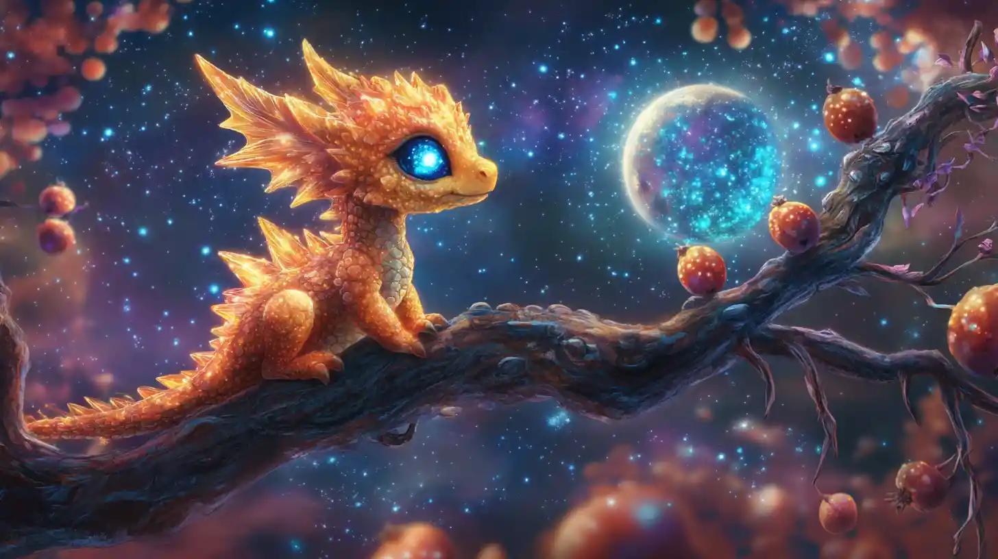 Surrealer Babydrache auf einem verdrehten Ast im kosmischen Himmel
