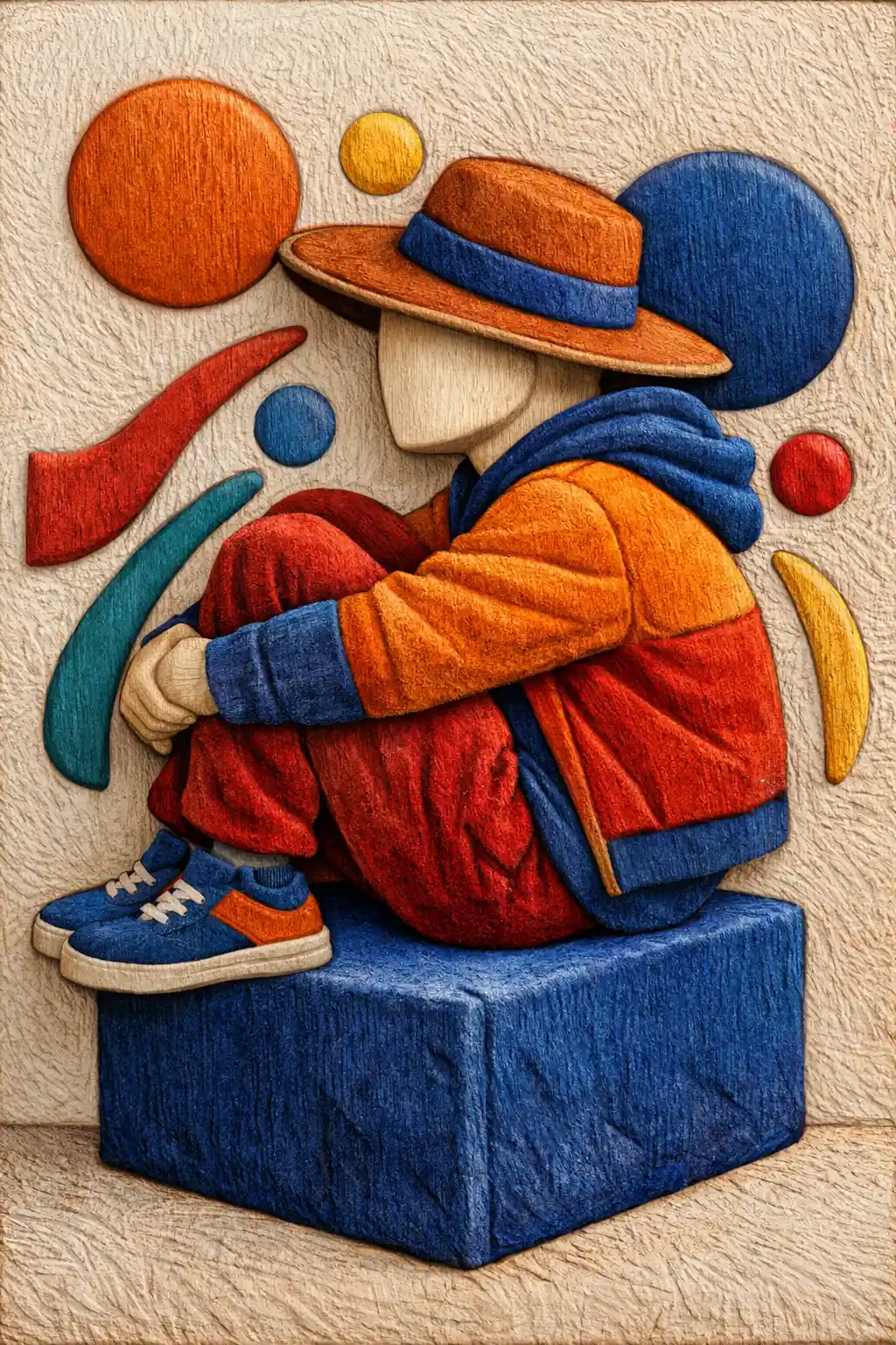 Stylized 3D human figure on blue cube with abstract shapes