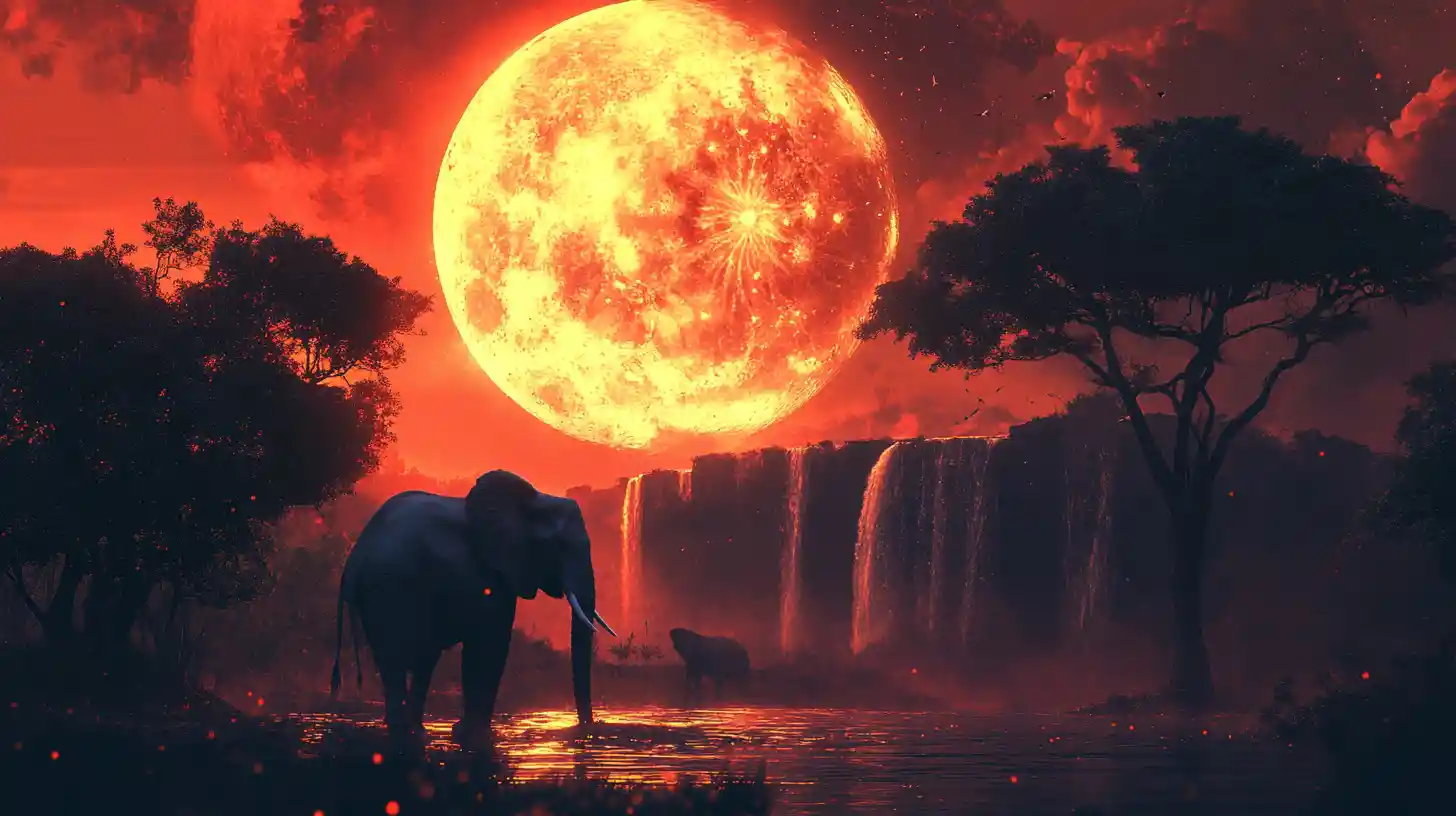 Silhuetas de elefantes em uma savana vermelha sob uma lua gigante