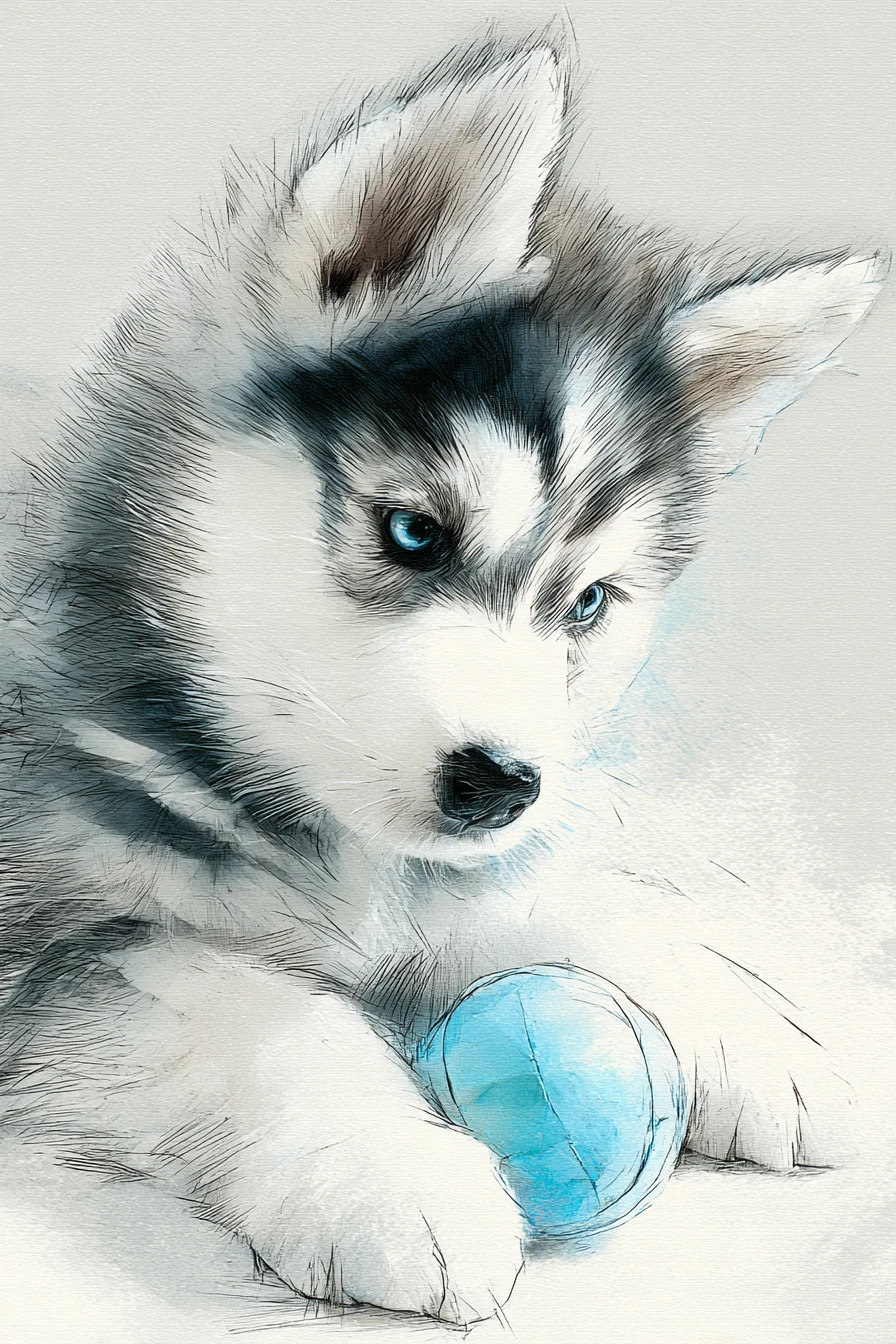 Playful husky puppy with blue eyes and ball in watercolor