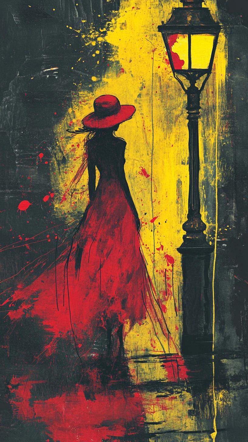 Donna in abito rosso accanto a un lampione vintage illuminato