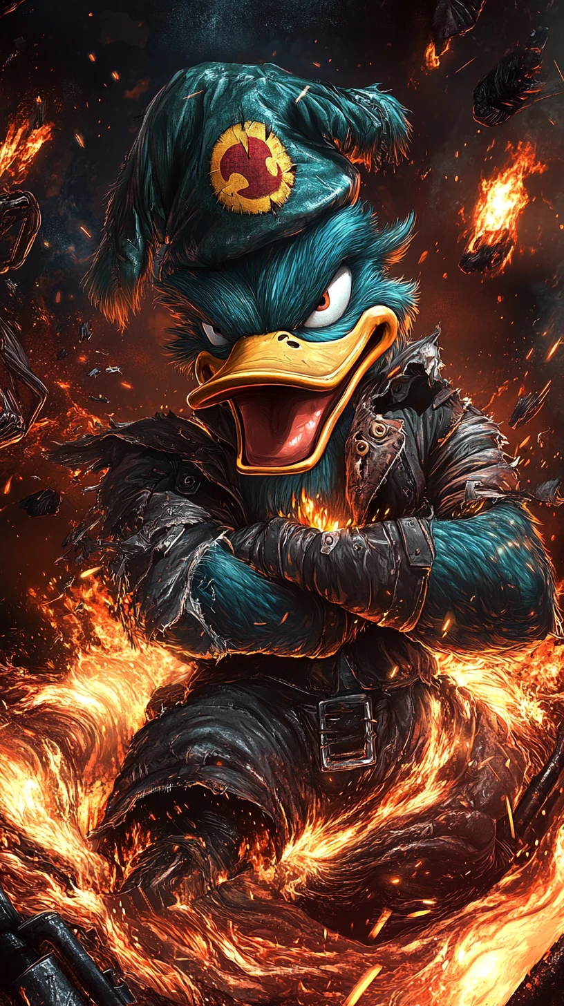 Menacing teal duck titan rising from molten metal