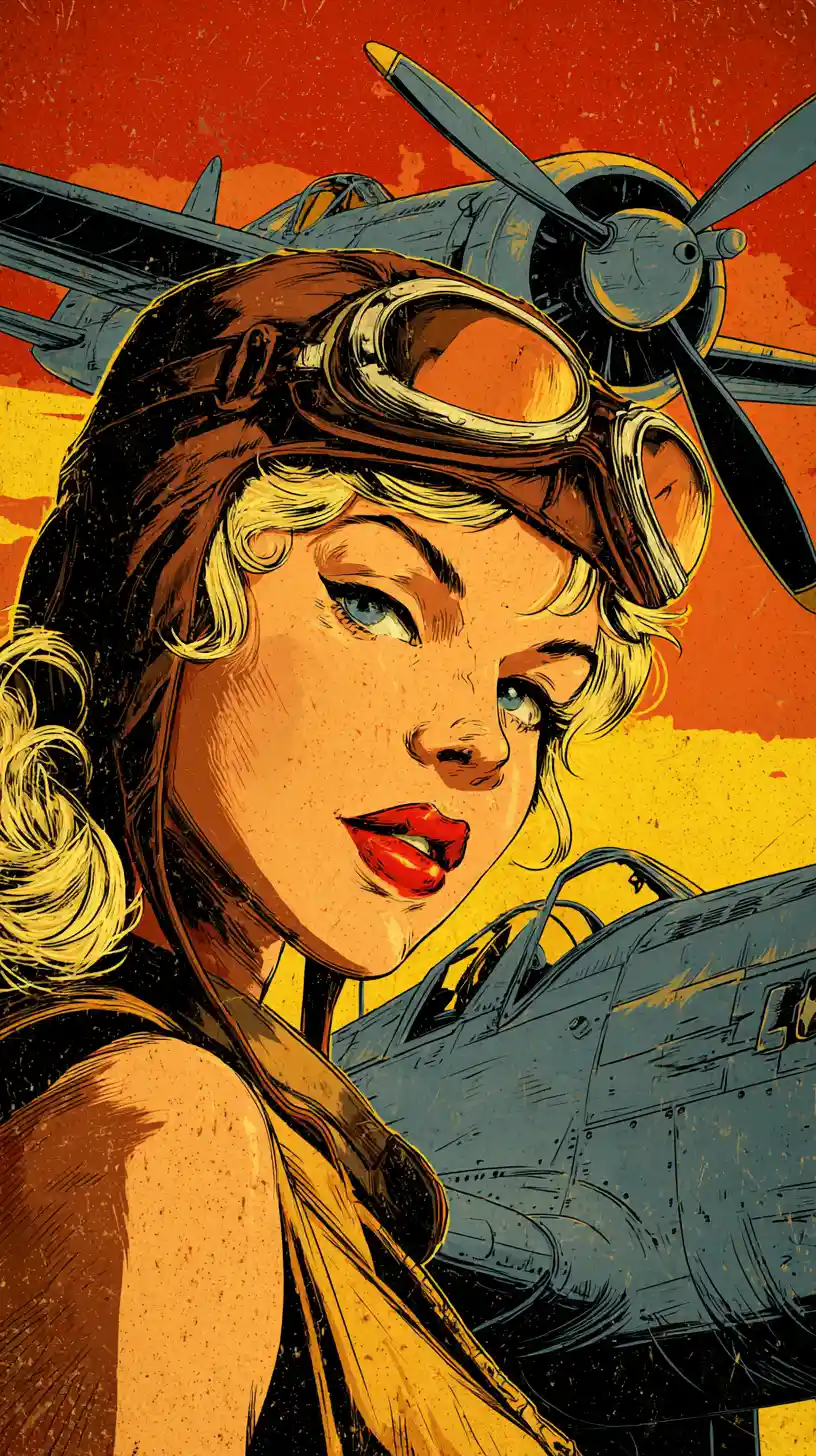 Pilota donna retrò con aereo d’epoca in stile fumetto