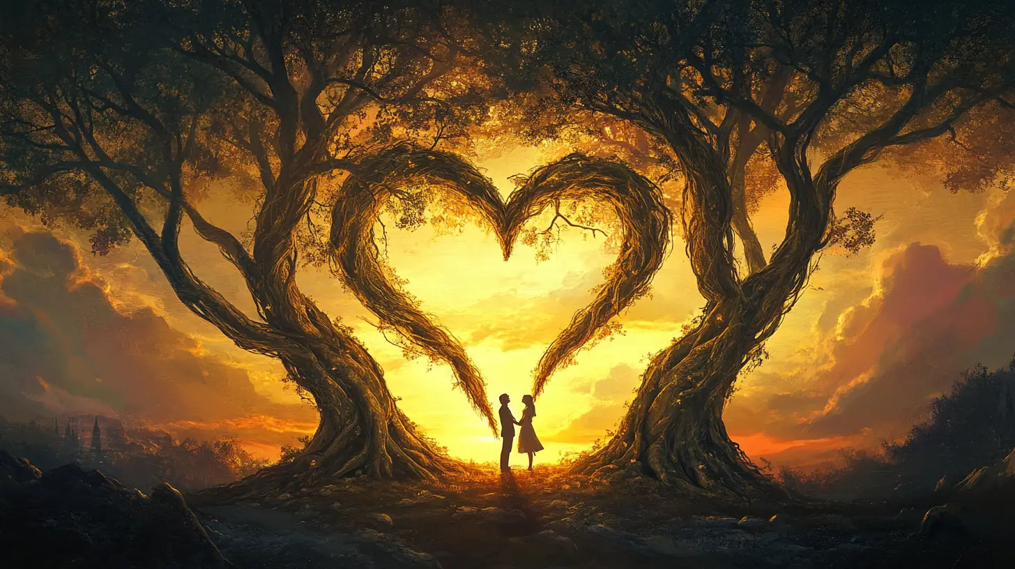 Coppia romantica sotto alberi a forma di cuore al tramonto
