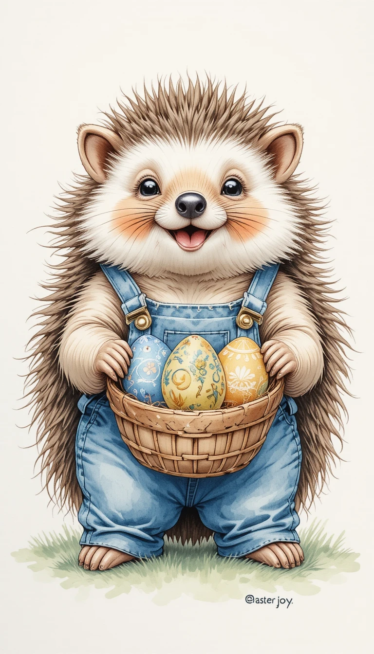 Niedlicher Igel in Jeans hält einen bunten Korb mit Ostereiern