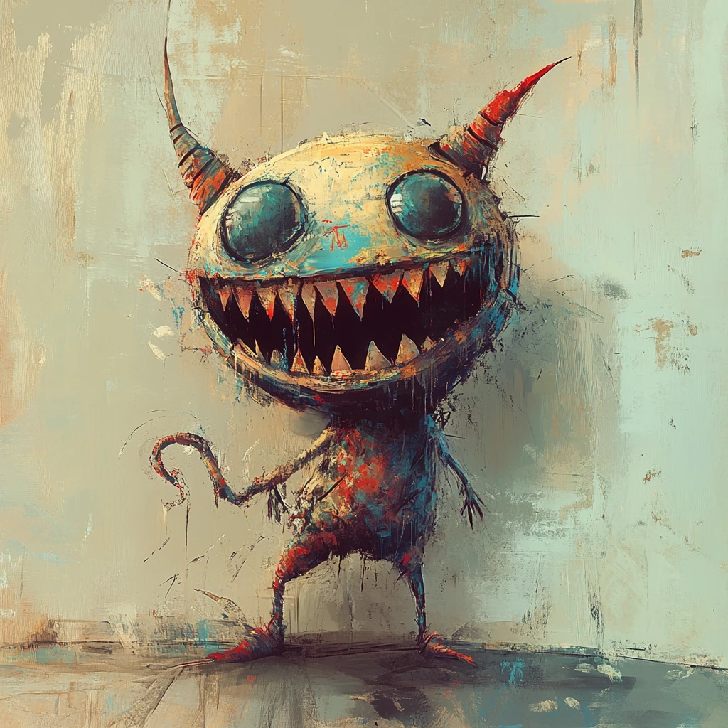 Cute abstract monsters in colorful distorted digital illustration