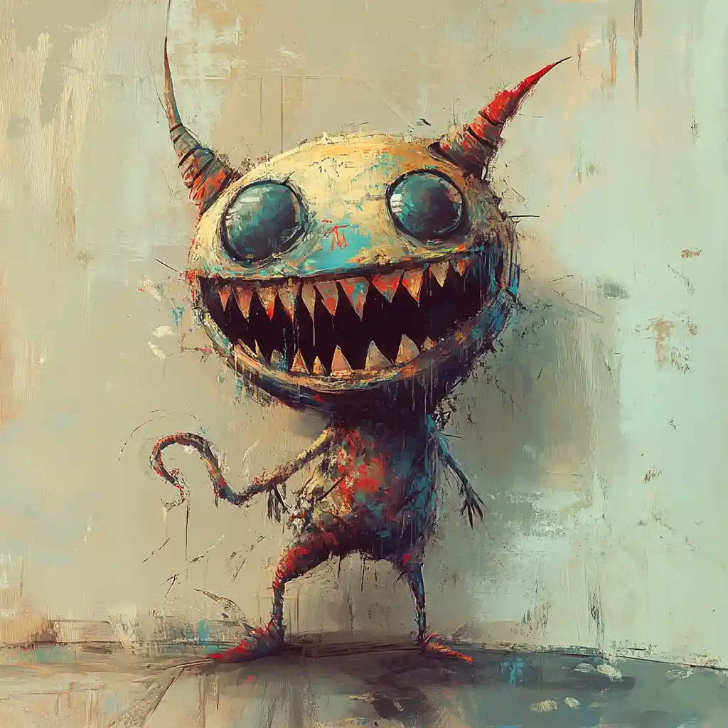 Cute abstract monsters in colorful distorted digital illustration