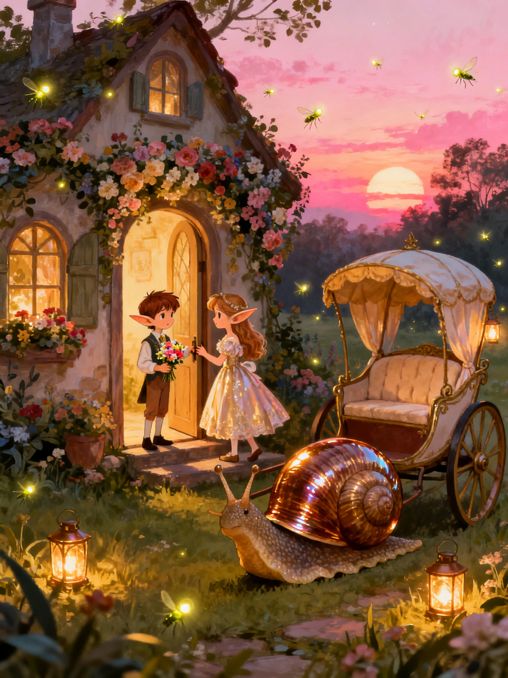 Little elf bringing flowers to a fairy house doorway
