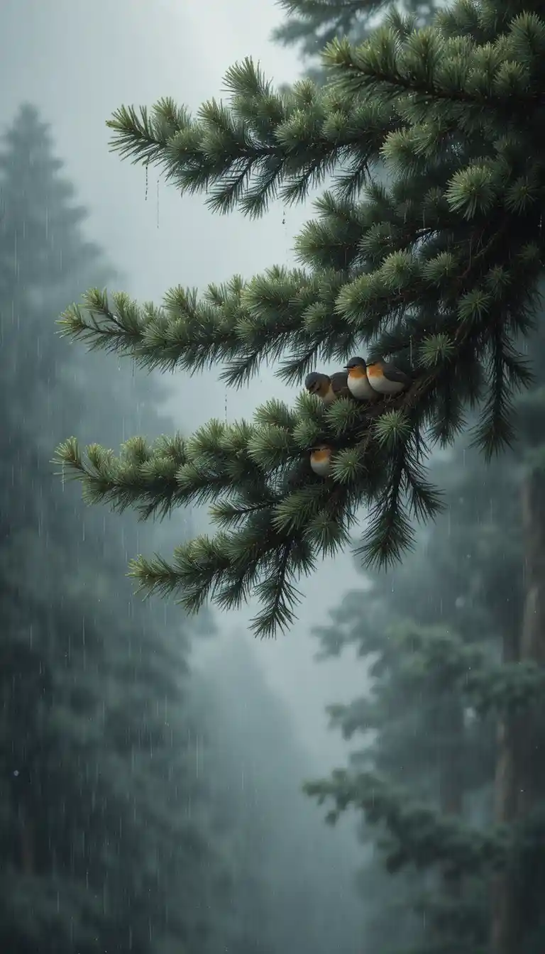 大雨中的森林裡，小鳥躲在雲杉樹枝下避雨