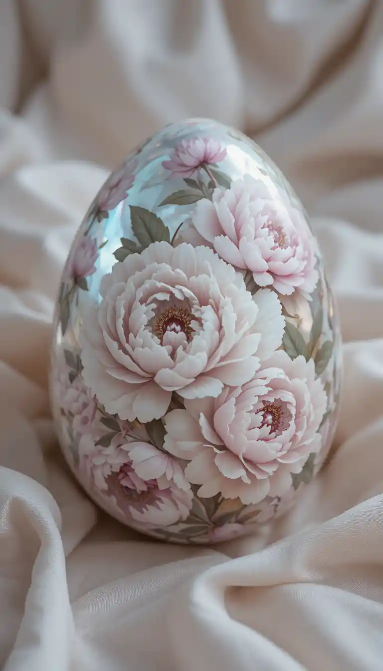 Close up lacquered Easter egg with white pink peony pattern