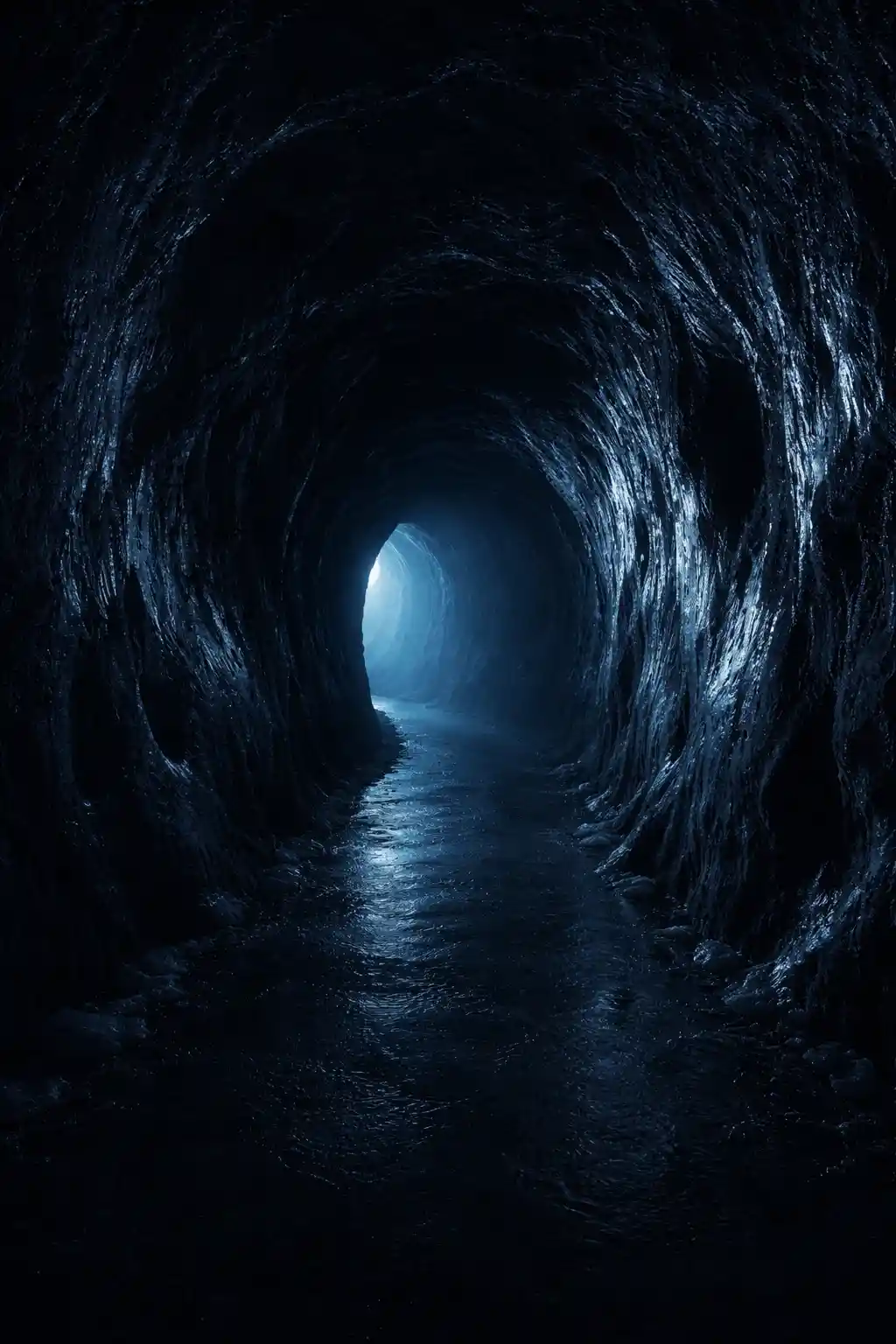 Tunnel di pietra oscuro con pareti ghiacciate e un tenue bagliore blu
