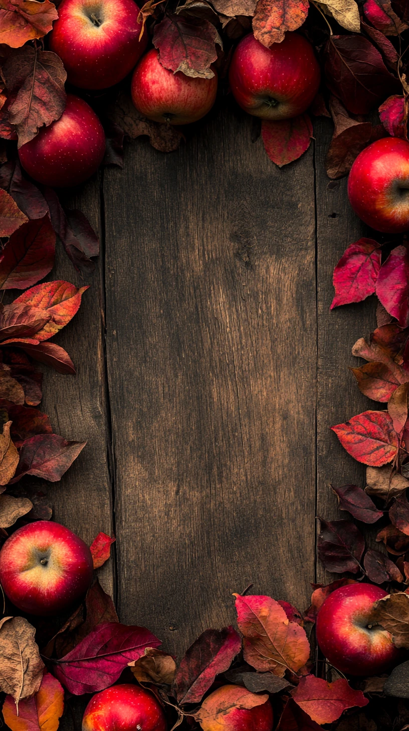 Rustic apples and autumn leaves framing a wooden table