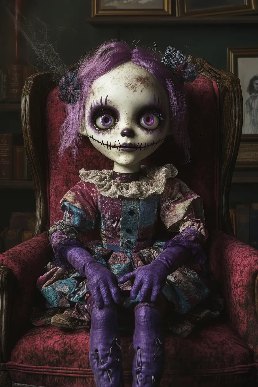 Gothic porcelain doll in red armchair with stitched mouth