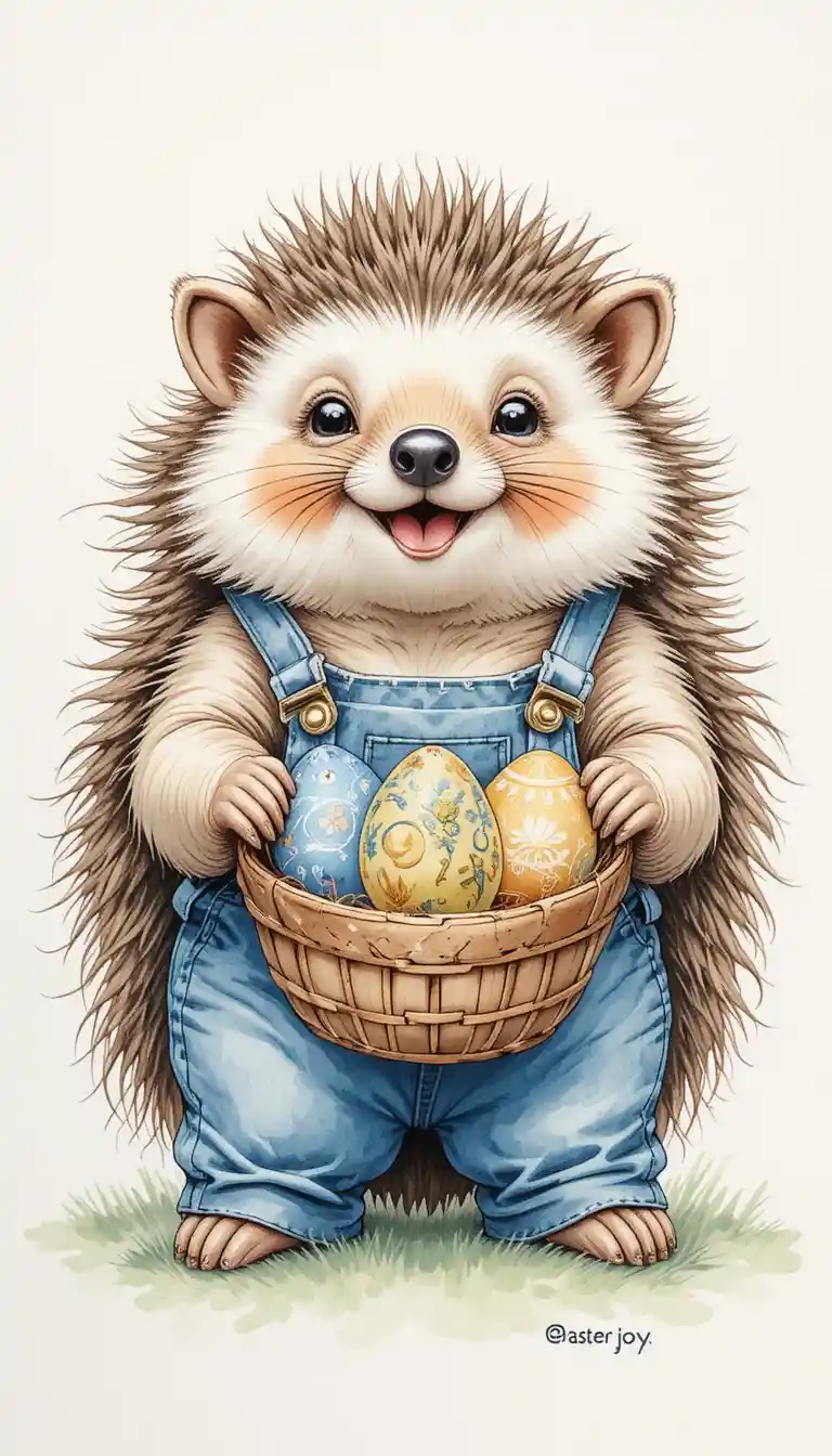 Dolce riccio in jeans con un colorato cestino di uova di Pasqua