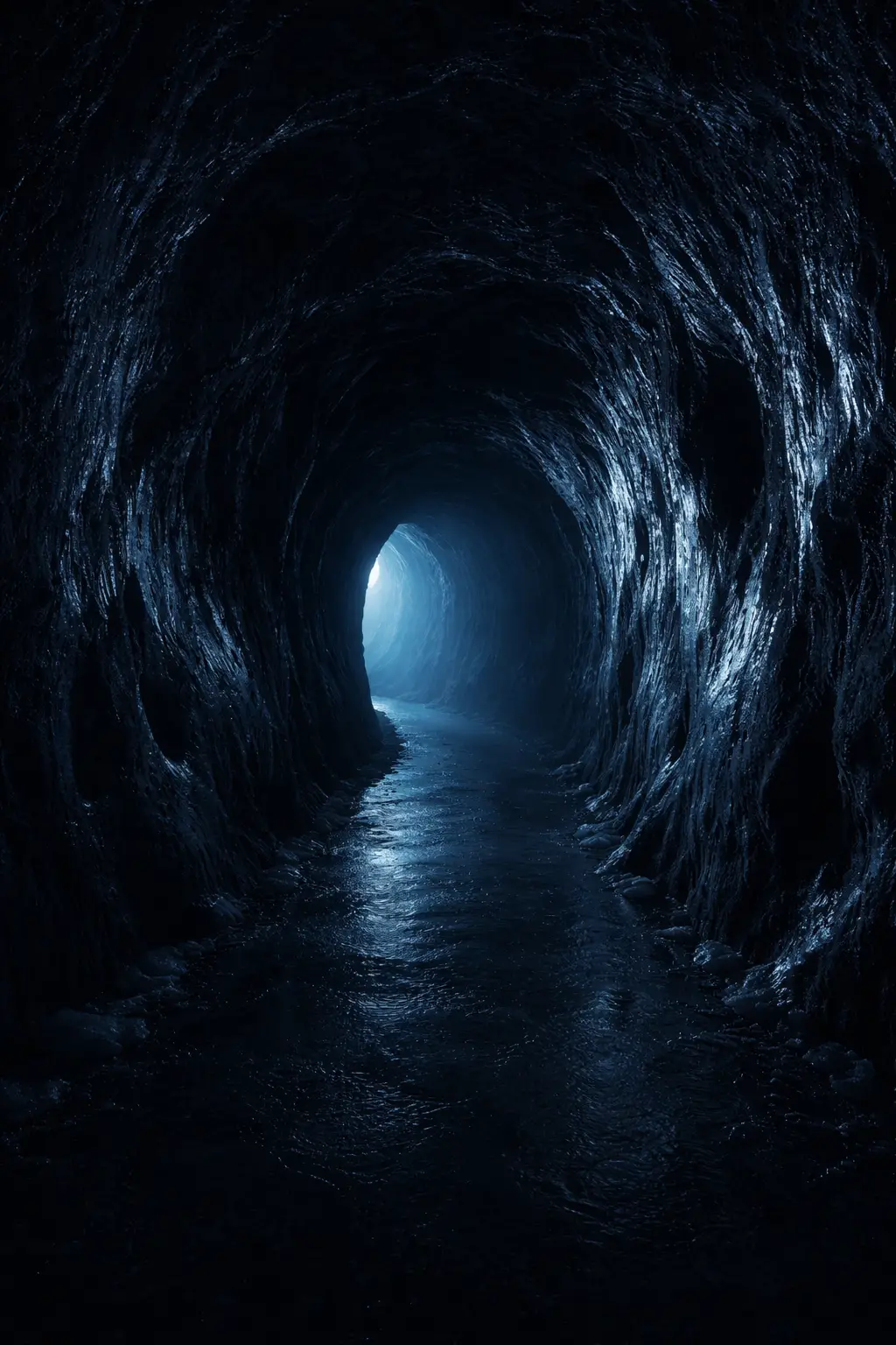 Túnel de piedra oscuro con paredes heladas y un tenue resplandor azul