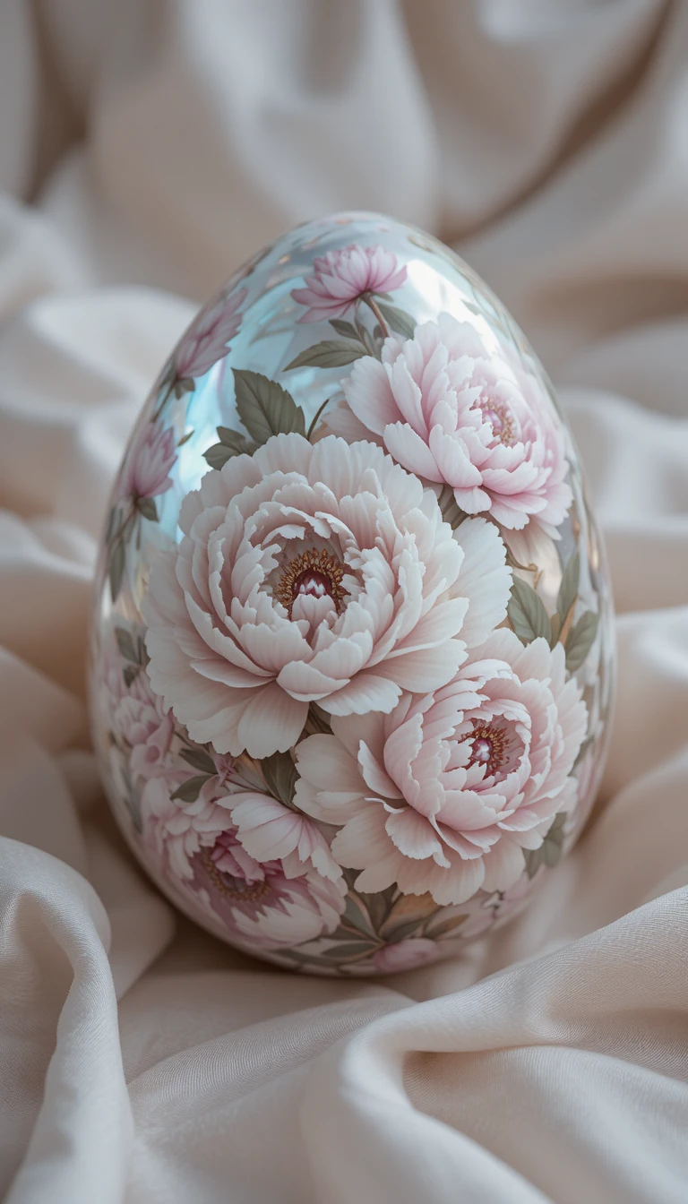 Close up lacquered Easter egg with white pink peony pattern