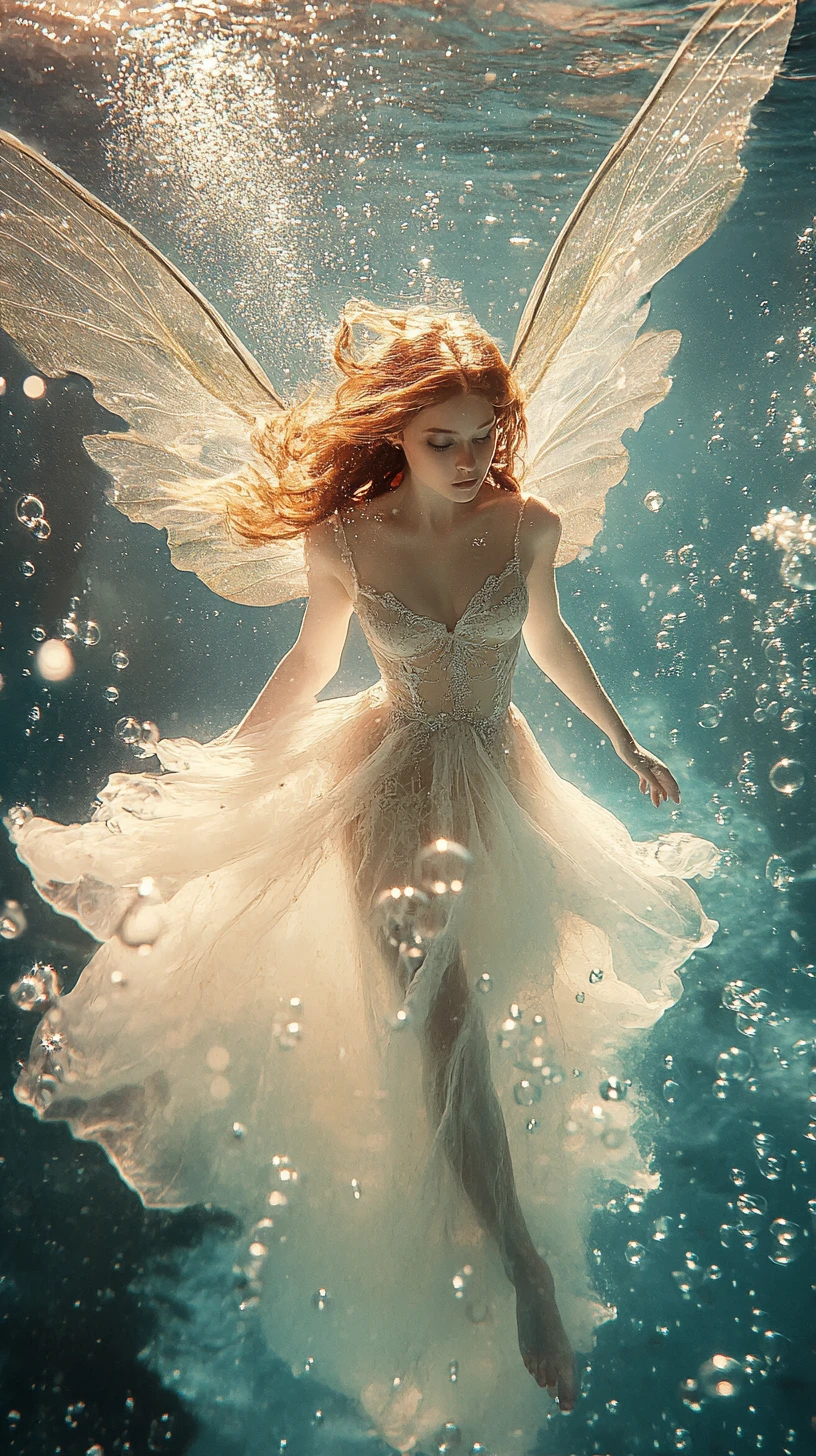 Underwater fairy with glowing wings in clear ocean