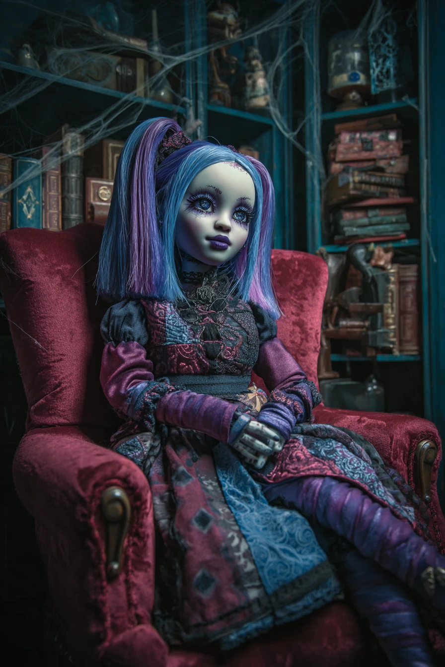 Bambola di porcellana gotica su poltrona ornata in velluto rosso