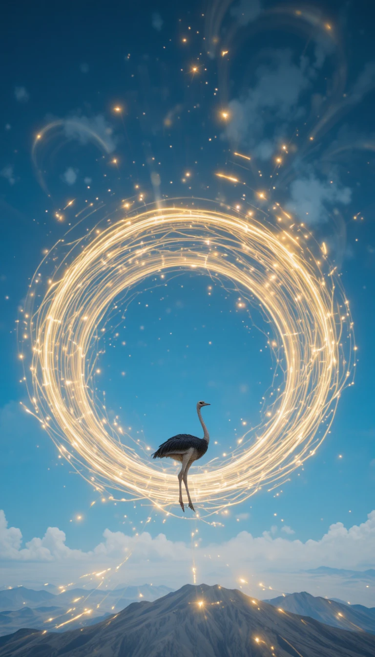 Avestruz bailando entre senderos de luz circulares en gravedad cero