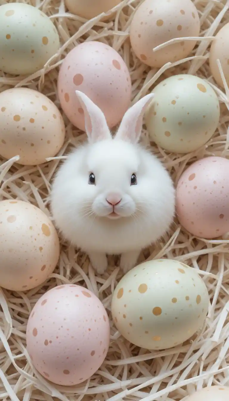 White fluffy rabbit among pastel easter eggs on straw