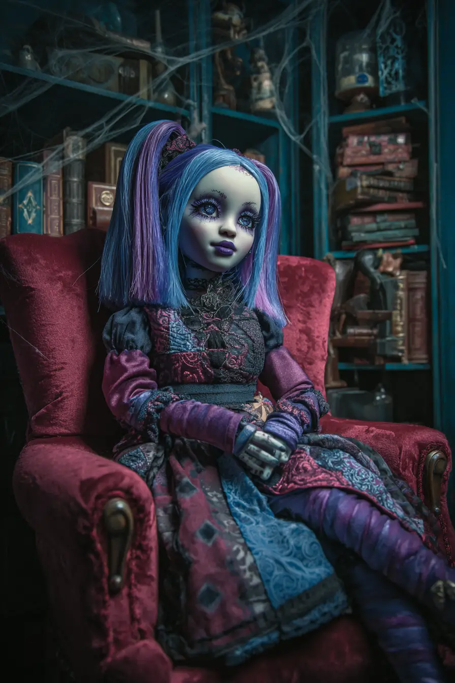 Bambola di porcellana gotica su poltrona ornata in velluto rosso