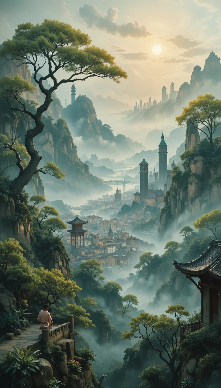 Panoramic watercolor view of an old Shanghai cityscape