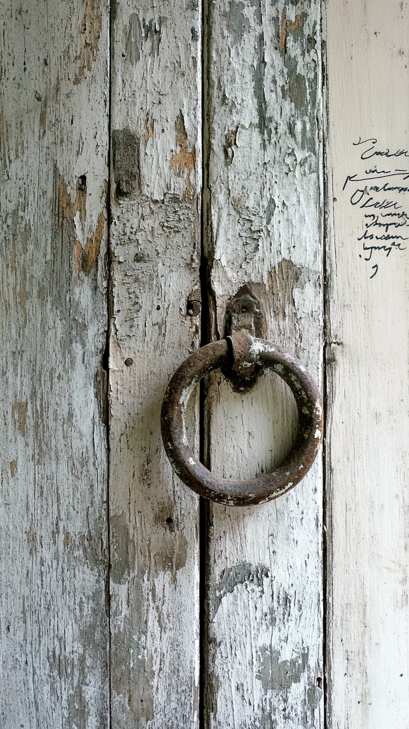 Close up of an old wooden door with metal ring pull
