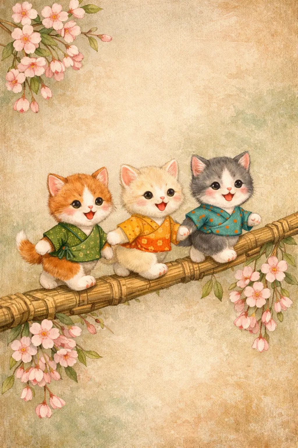 Three cute kittens in clothes on a bamboo branch
