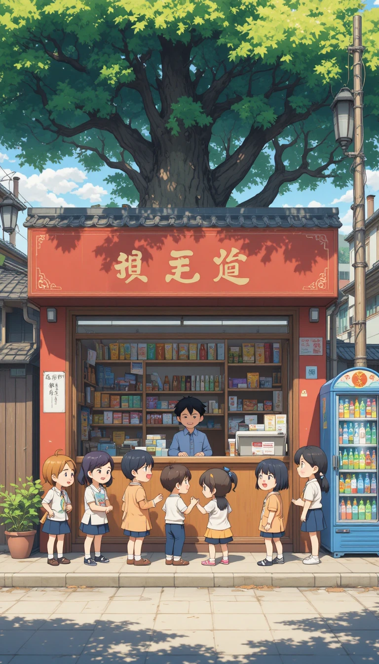 Crianças comprando lanches em uma mercearia ensolarada de anime
