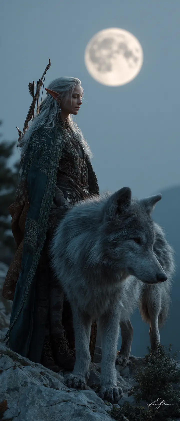 Elf huntress and wolf under a vast moonlit sky