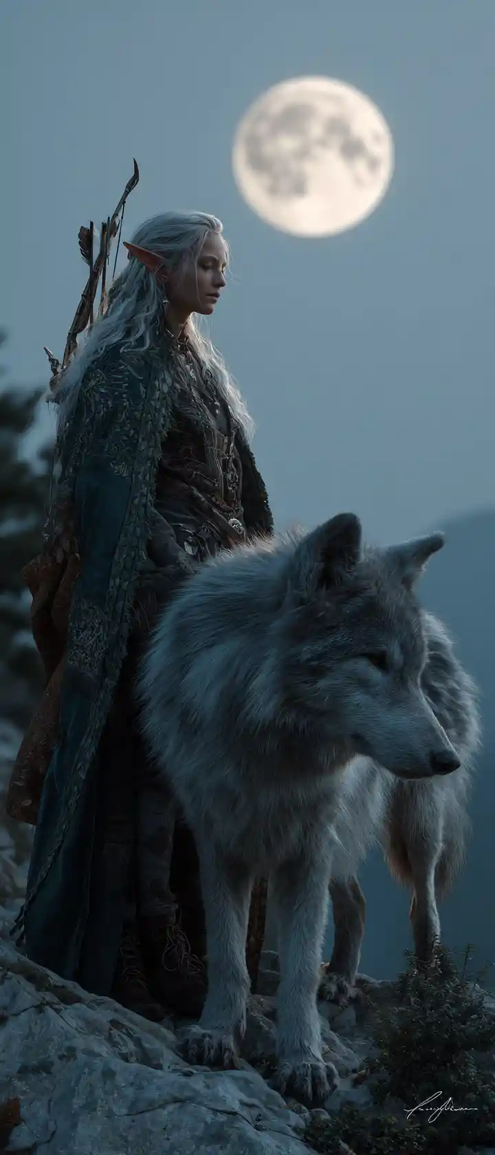 Elf huntress and wolf under a vast moonlit sky