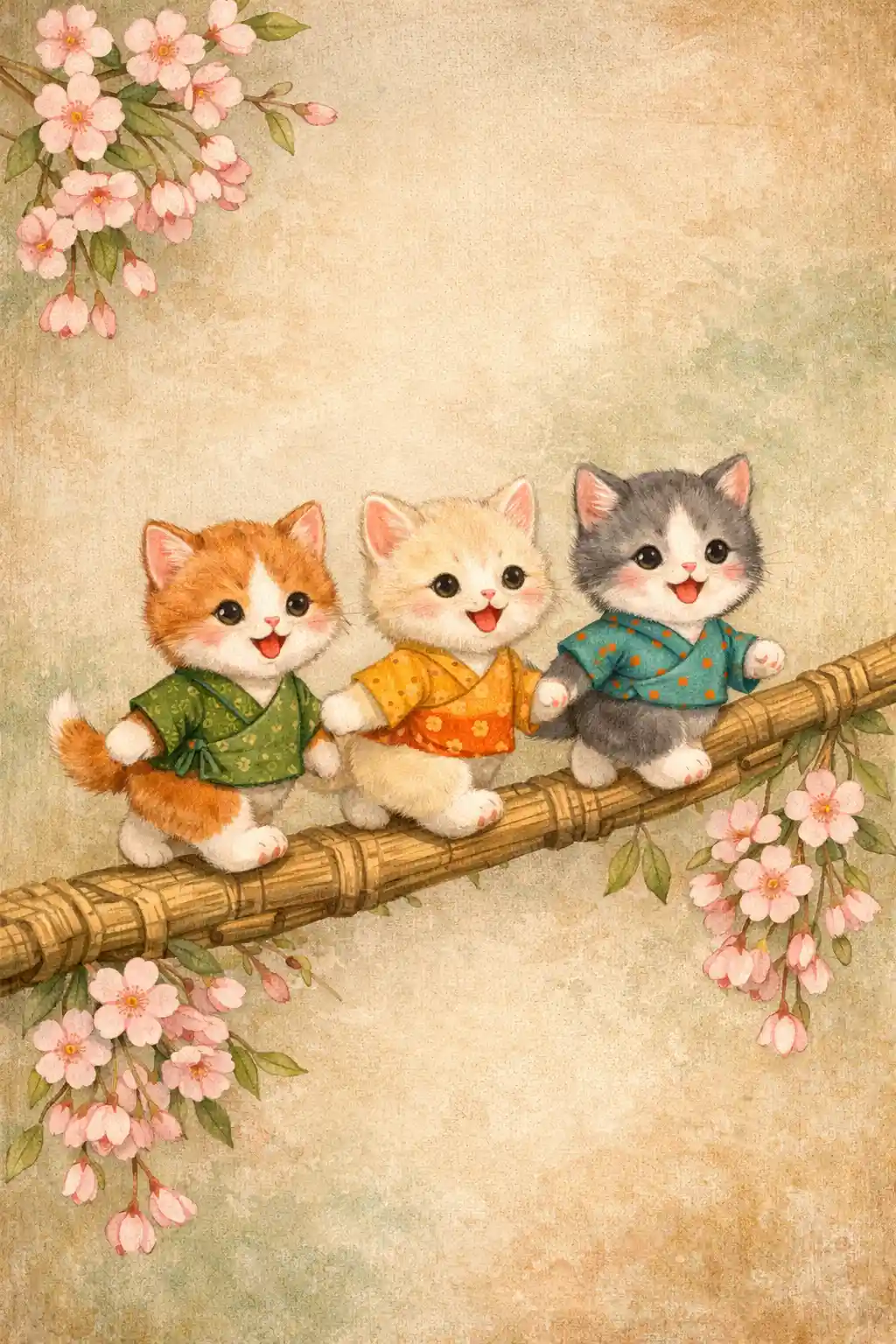 Three cute kittens in clothes on a bamboo branch