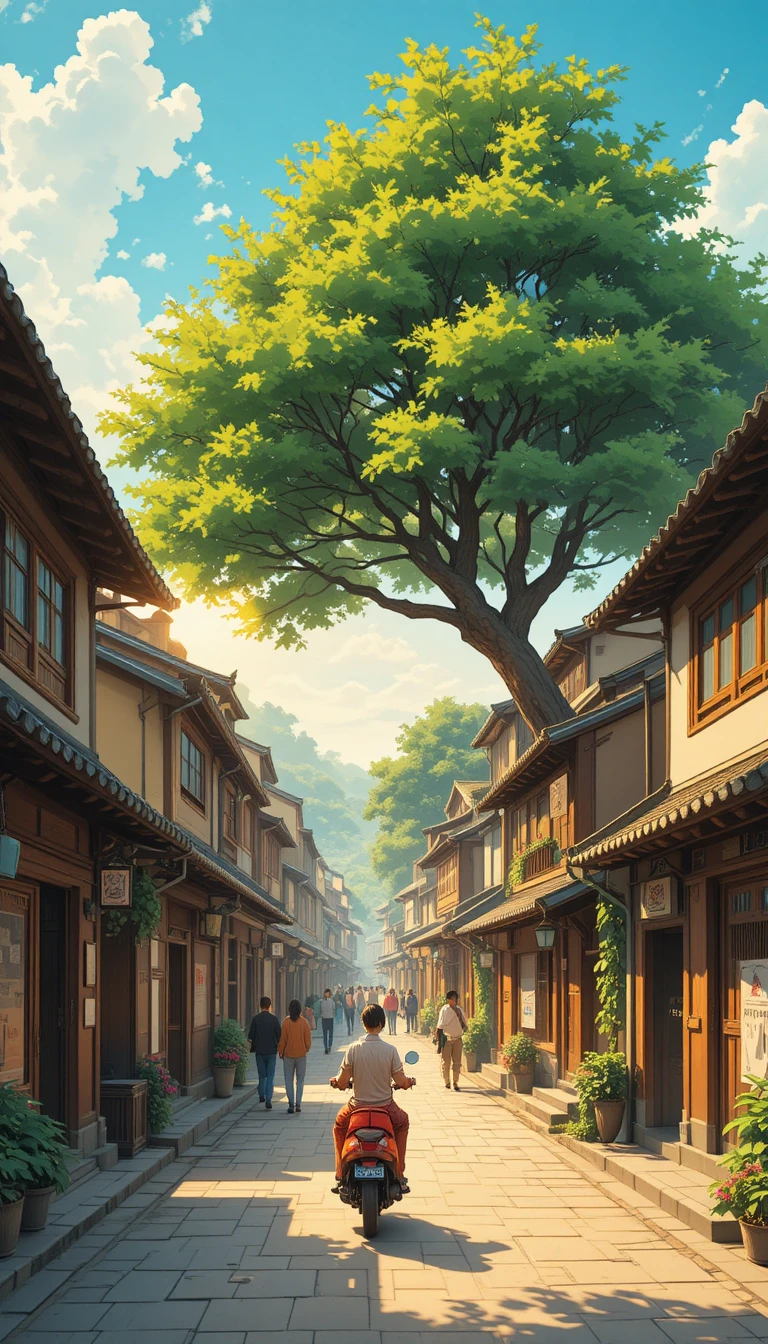 Old Chinese village street in warm golden hour light