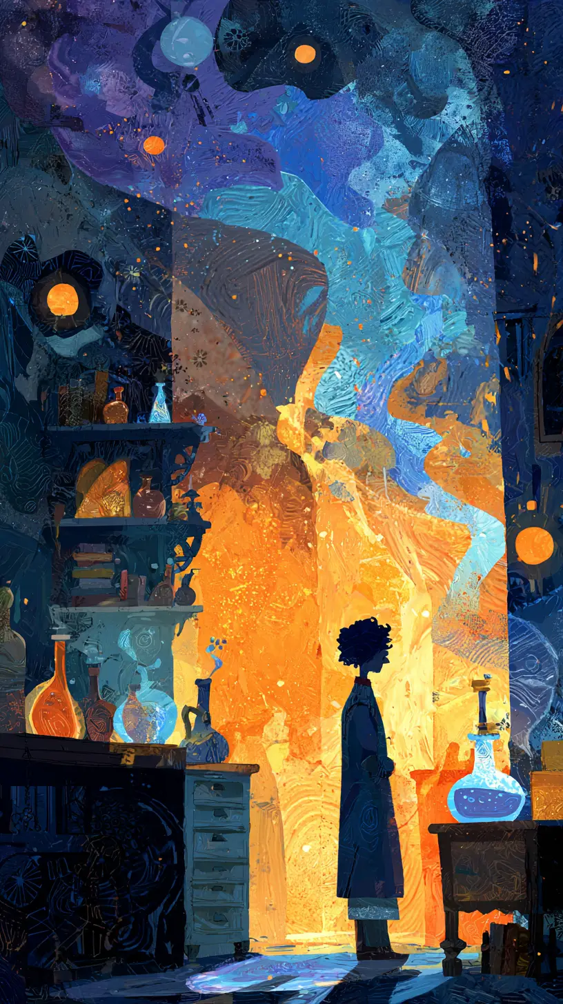 Whimsical wizard apprentice in a vibrant magical bedroom