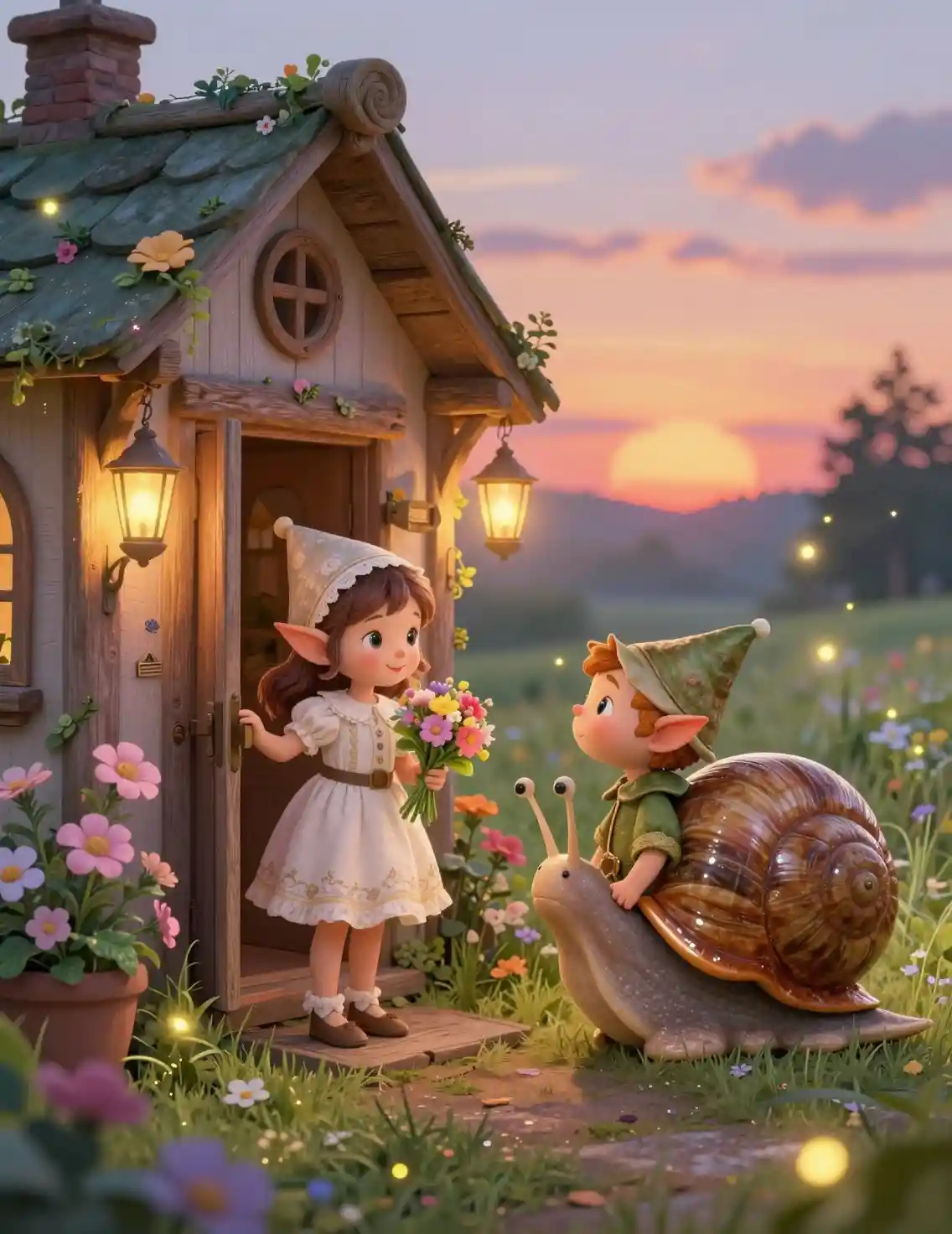 Little elf bringing flowers to a charming flower house