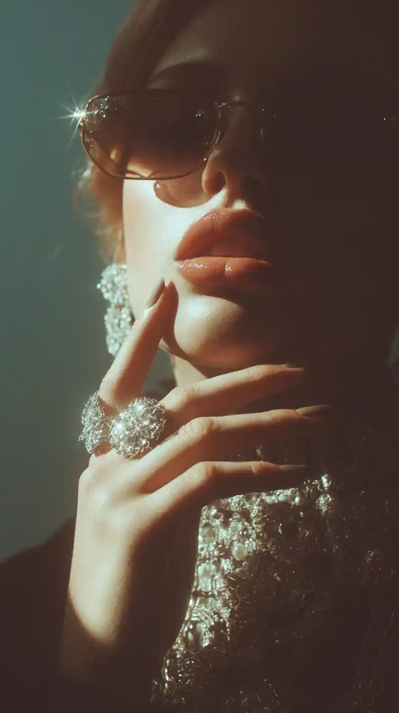 Close up hand jewelry aesthetic with soft glamorous light