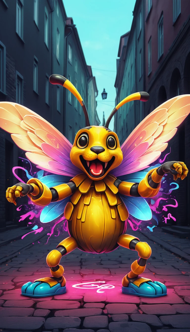Cute neon bee illustration inspired by playful graffiti style