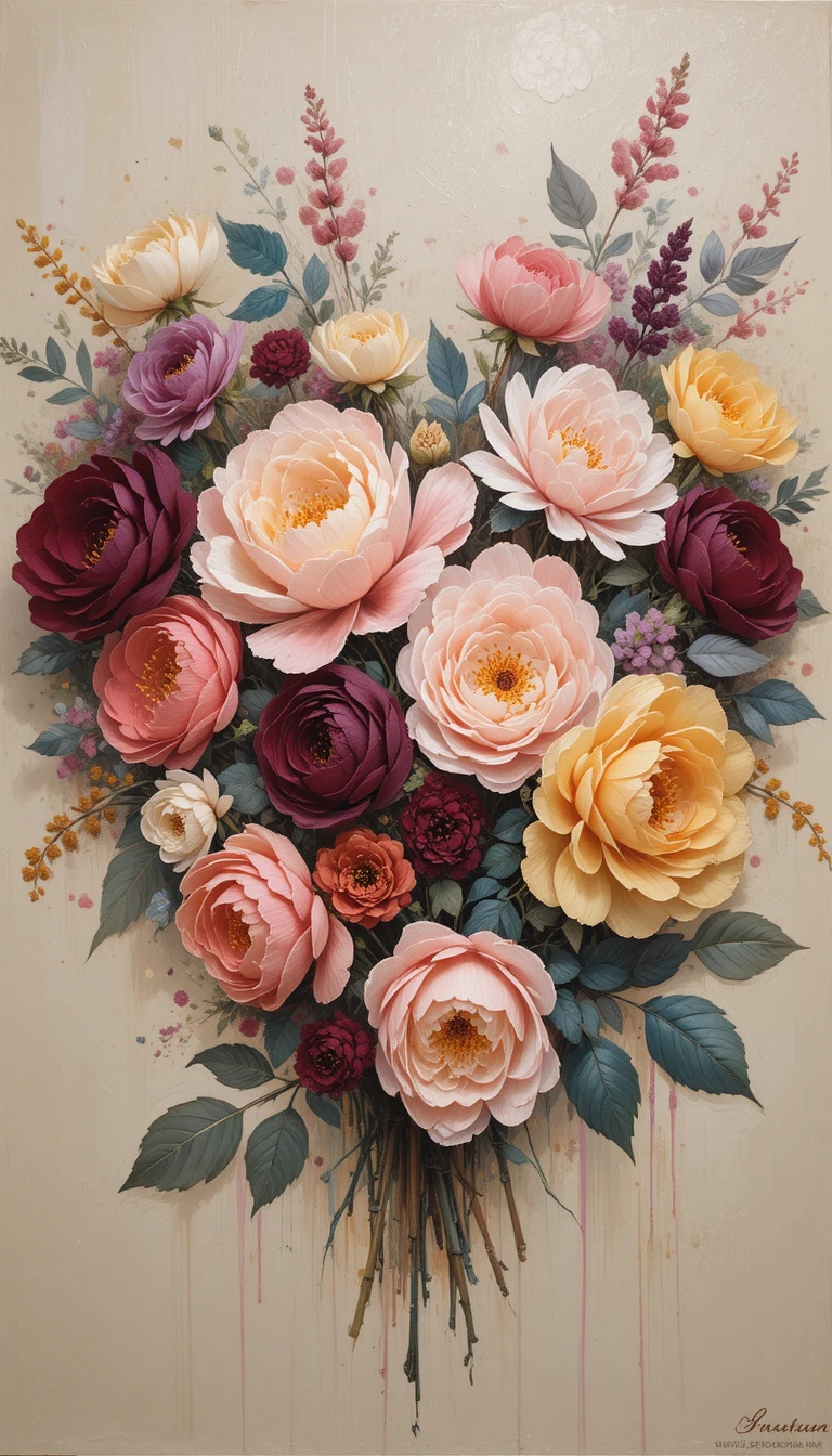 Heart shaped floral bouquet with impressionist brushstrokes