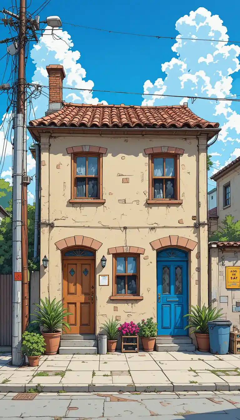 Casa in stile anime con due porte in una soleggiata strada urbana