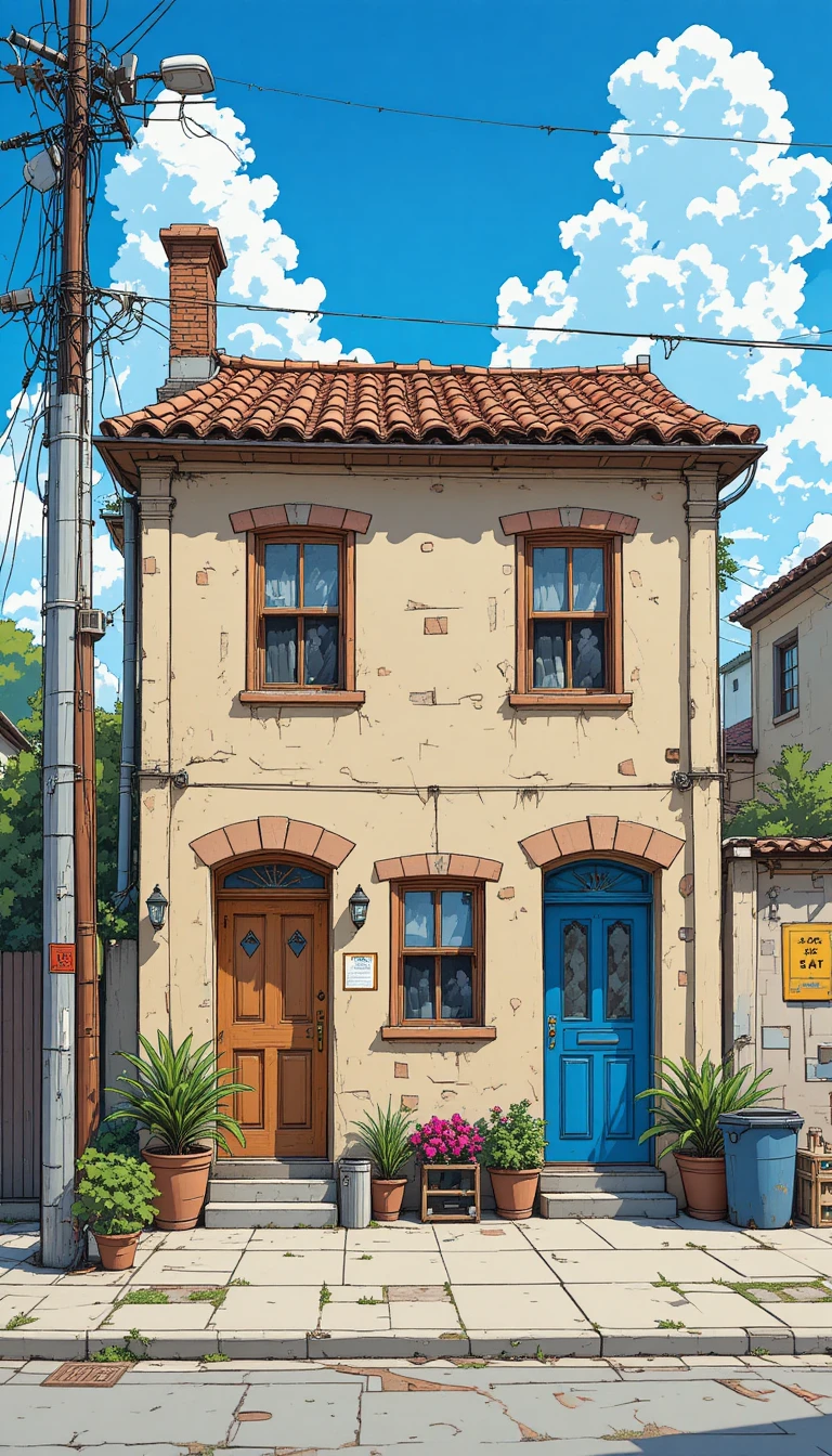 Casa in stile anime con due porte in una soleggiata strada urbana