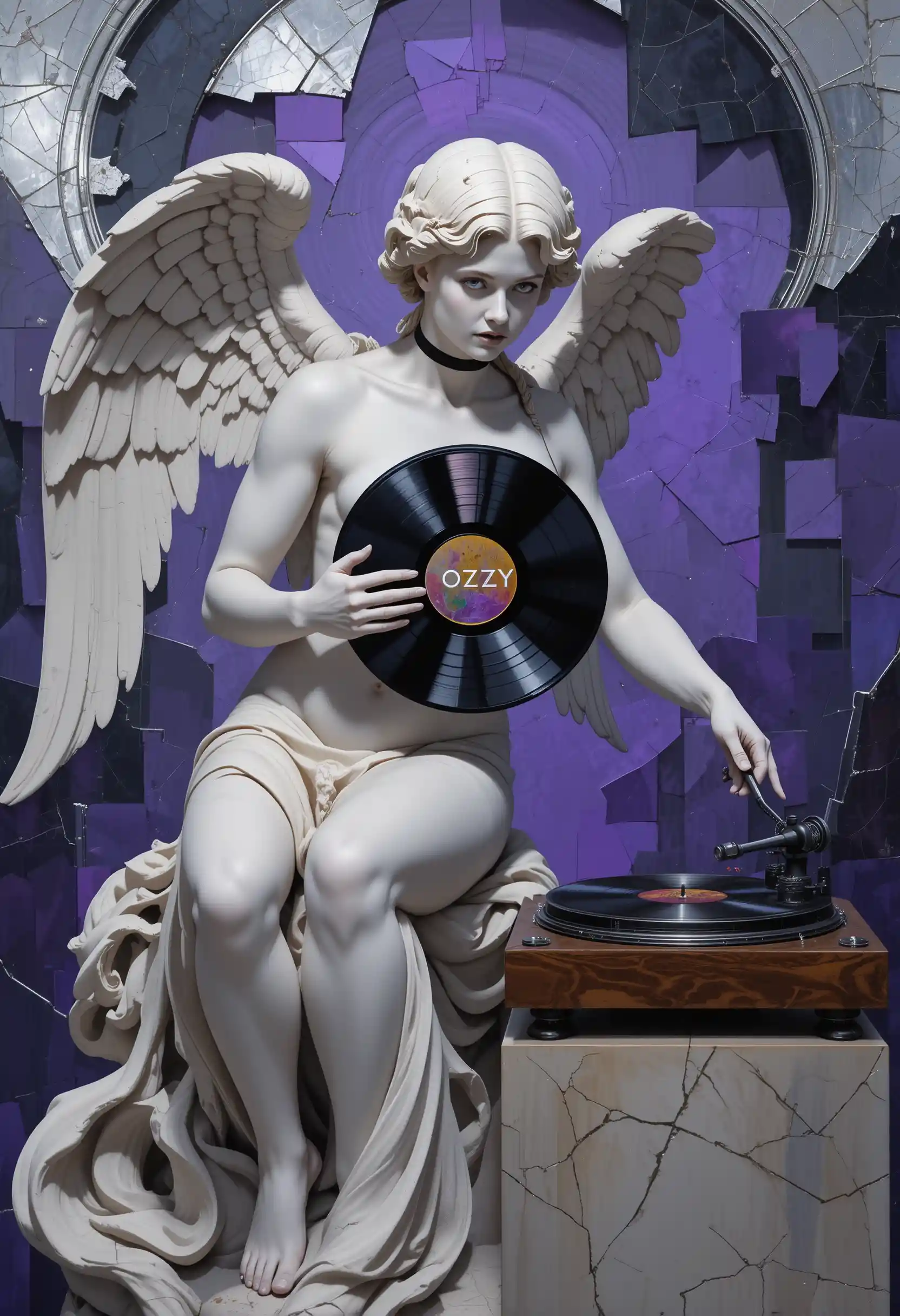 Close up marble statue with record player and abstract shapes